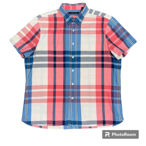 Men's PERRY ELLIS Short Sleeve Button Up Plaid‎ Dress Shirt- Size XL - Picture 1 of 6